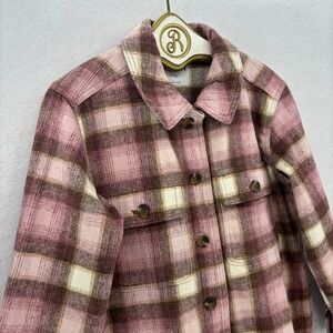 Old Navy Shacket Women Medium Pink Plaid Flannel Shirt Jacket Cozy Autumn Layer